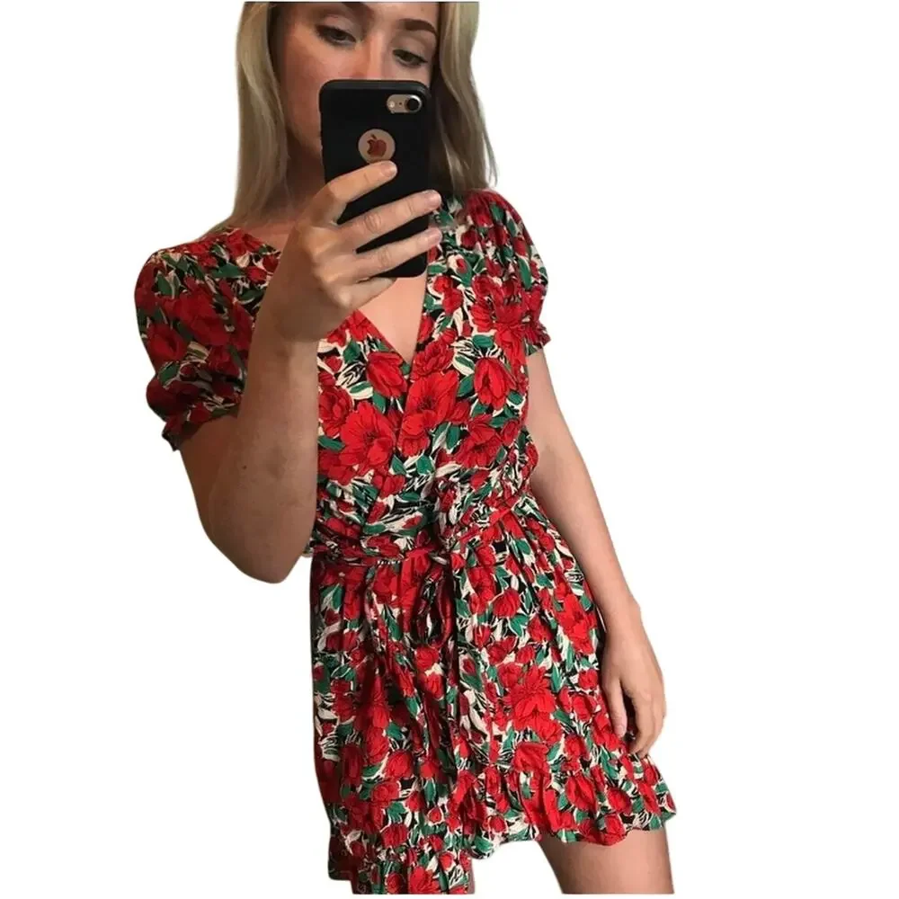 Zara Floral Vibrant Roses Whimsical Wrap Knee Length Dress Size Large. - Picture 3 of 5
